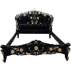 Ornate Black Gold Carved Wooden Bed Frame