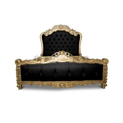 Luxury Baroque Black Tufted Upholstered King Size Bed with Gold Wood Carving