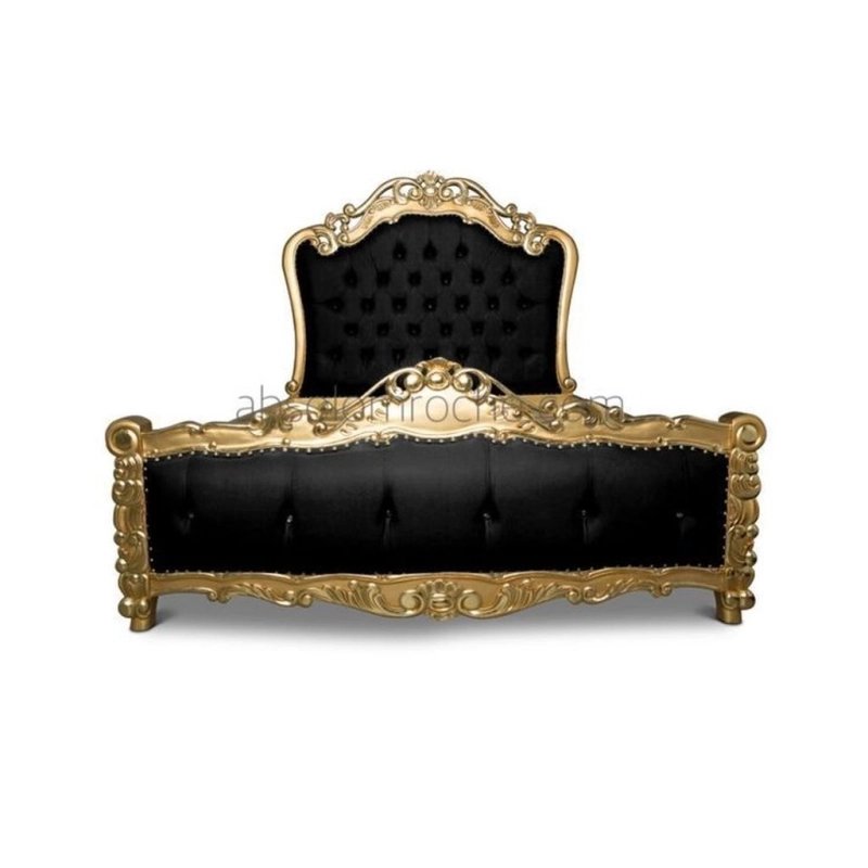 Luxury Baroque Black Tufted Upholstered King Size Bed with Gold Wood Carving Luxury Baroque Black Tufted Upholstered King Size Bed with Gold Wood Carving