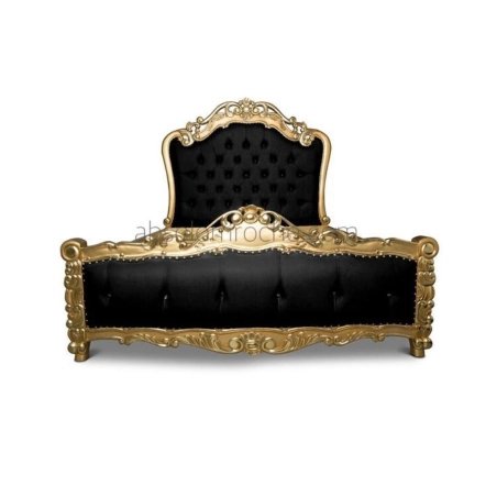 Luxury Baroque Black Tufted Upholstered King Size Bed with Gold Wood Carving