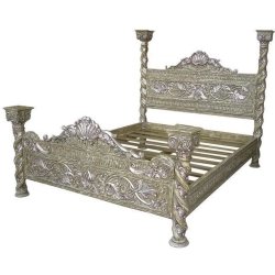 Luxurious Hand-Carved Solid Wood Four Poster Bed with Distressed Silver Finish