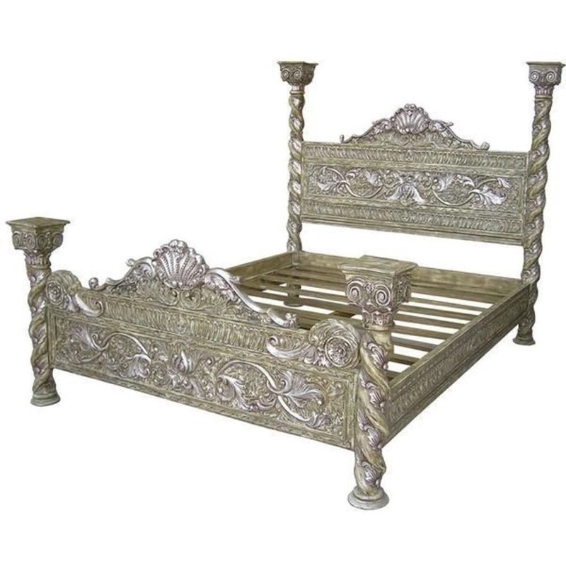Luxurious Hand-Carved Solid Wood Four Poster Bed with Distressed Silver Finish Luxurious Hand-Carved Solid Wood Four Poster Bed with Distressed Silver Finish