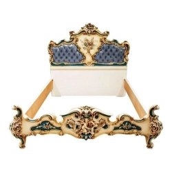 Ornate Carved Wood Bed Frame with Tufted Upholstery