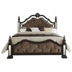 Luxury Brown Tufted Velvet King Size Bed with Mirror Accents