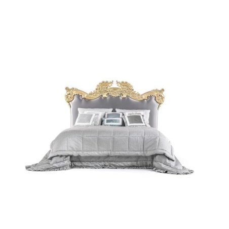 Classic Ornate Gold Carved Grey Upholstered Bed