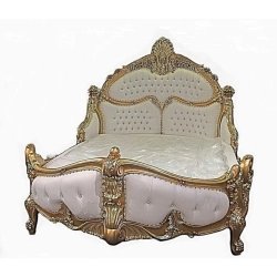 Luxury Gold Carved Bed Frame with White Tufted Upholstery - Classic Baroque Style