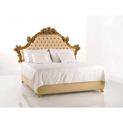 Luxury Tufted Beige Classic Bed with Ornate Gold Headboard