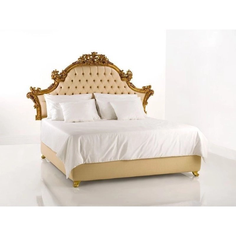 Luxury Tufted Beige Classic Bed with Ornate Gold Headboard Luxury Tufted Beige Classic Bed with Ornate Gold Headboard