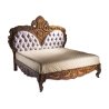 Ornate Classic Carved Wooden Bed Frame with Tufted Headboard