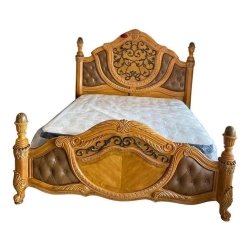 Classic Baroque Hand Carved Wood Bed Frame with Upholstered Panels