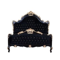 Luxury Black Velvet Tufted Bed with Gold Ornate Carved Frame
