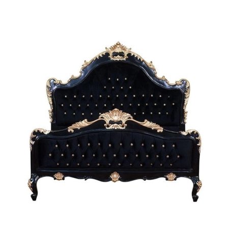 Luxury Black Velvet Tufted Bed with Gold Ornate Carved Frame