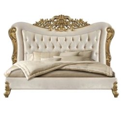 Opulent Luxury Upholstered Tufted Bed with Ornate Gold Carvings, Elegant Cream Velvet