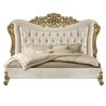 Opulent Luxury Upholstered Tufted Bed with Ornate Gold Carvings, Elegant Cream Velvet