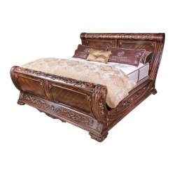 Classic Carved Wood Sleigh Bed Frame with Ornate Details
