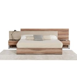 Modern Wood Platform Bed Set with Fabric Headboard and Integrated Nightstands