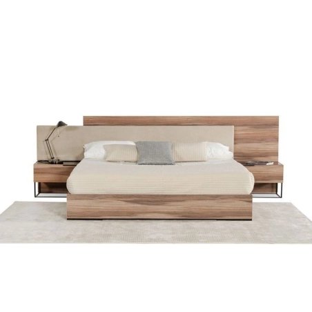 Modern Wood Platform Bed Set with Fabric Headboard and Integrated Nightstands
