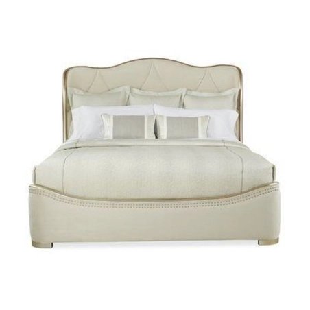 Elegant Upholstered Bed with Curved Headboard and Decorative Trim