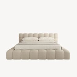 Modern Upholstered Platform Bed Frame Queen Size Beige Fabric Tufted Headboard