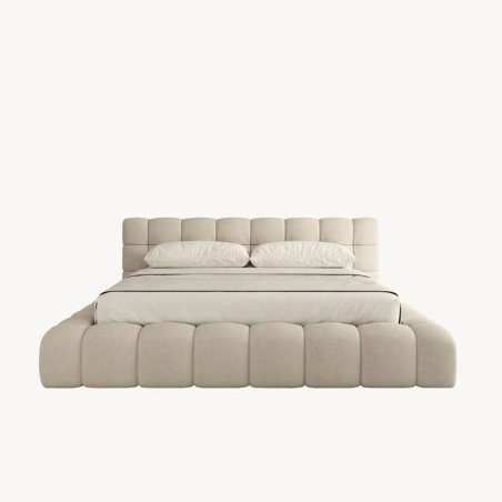 Modern Upholstered Platform Bed Frame Queen Size Beige Fabric Tufted Headboard
