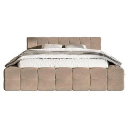 Modern Upholstered Beige Fabric Bed Frame Cube Design Headboard