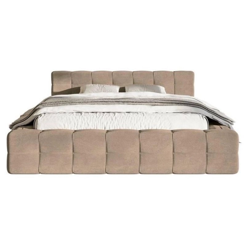 Modern Upholstered Beige Fabric Bed Frame Cube Design Headboard Modern Upholstered Beige Fabric Bed Frame Cube Design Headboard