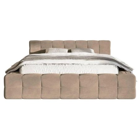 Modern Upholstered Beige Fabric Bed Frame Cube Design Headboard