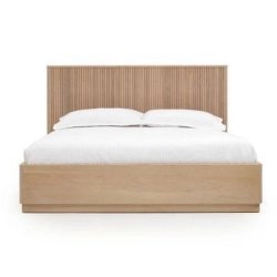Minimalist Modern Wood Bed Frame with Slatted Headboard
