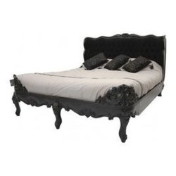 Black Carved Wood Bed Frame with Upholstered Headboard | Classic Ornate Design