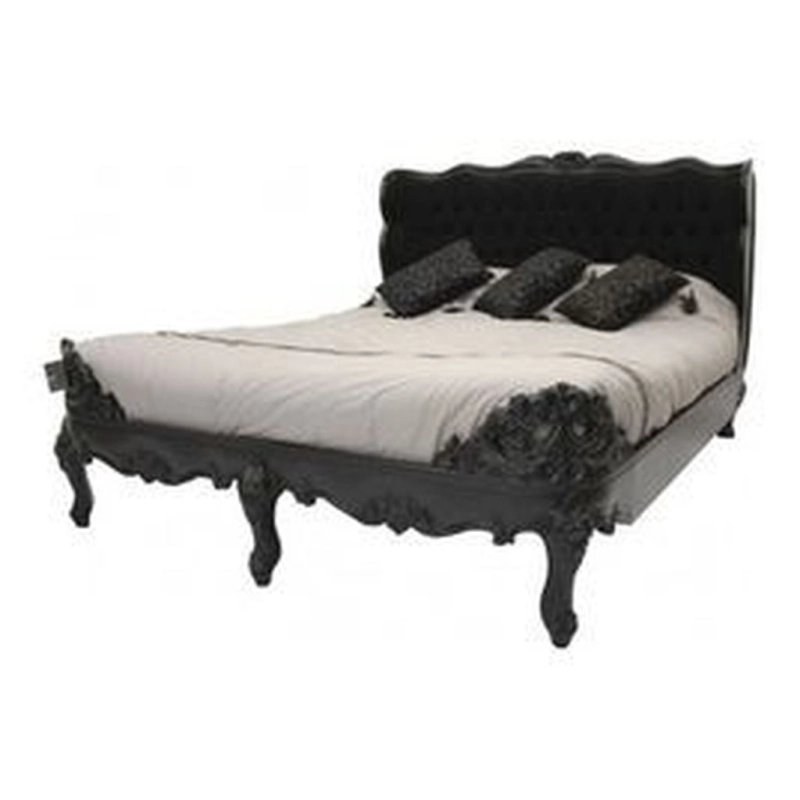 Black Carved Wood Bed Frame with Upholstered Headboard | Classic Ornate Design