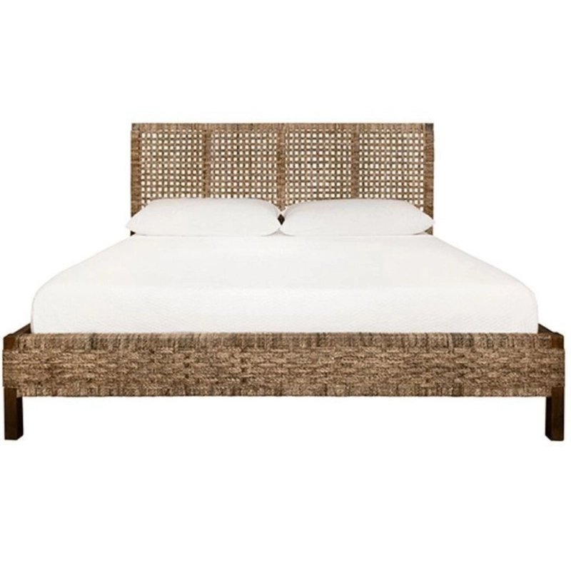 Handwoven Rattan Queen Bed Frame Natural Wood Finish Handwoven Rattan Queen Bed Frame Natural Wood Finish