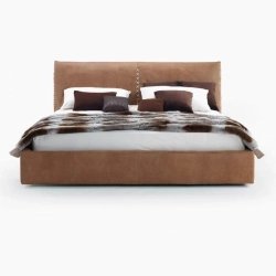 Modern Brown Leather Bed with Stitched Headboard