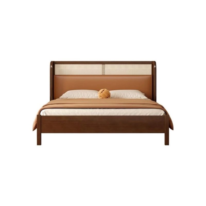 Mid-Century Modern Wooden Bed with Rattan Headboard and Upholstery Mid-Century Modern Wooden Bed with Rattan Headboard and Upholstery