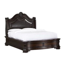 Classic Dark Brown Carved Wood Bed Frame with Upholstered Headboard