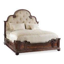 Classic Baroque Style Ornate Carved Wood Bed with Tufted Headboard