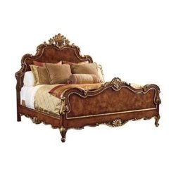 Luxury Carved Wood Bed Frame with Ornate Gold Accents