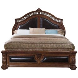 Classic Traditional Carved Wood and Leather Upholstered Bed Frame