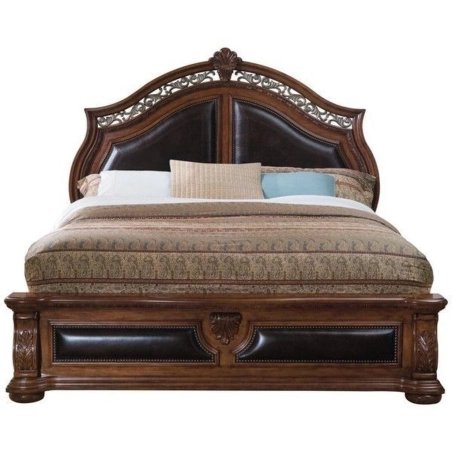 Classic Traditional Carved Wood and Leather Upholstered Bed Frame