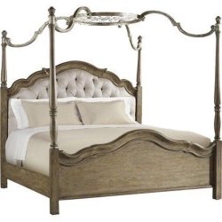 Luxurious Tufted Fabric and Wood Four Poster Canopy Bed