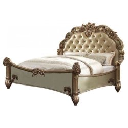 Ornate Classic European Design Bed with Tufted Headboard and Gold Accents
