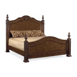 Elegant Solid Wood Bed Frame with Carved Details and Upholstered Headboard