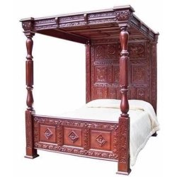 Hand Carved Solid Wood Four Poster Canopy Bed - Ornate Traditional Design