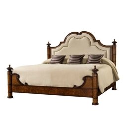 Elegant Classic Wooden Bed with Upholstered Headboard and Finials