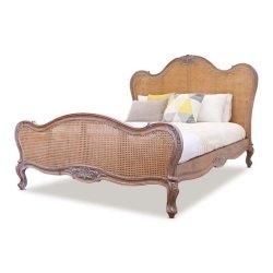 French Style Rattan Cane Bed with Carved Wood Frame