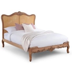 Classic French Style Hand-Carved Wooden Bed with Rattan Headboard