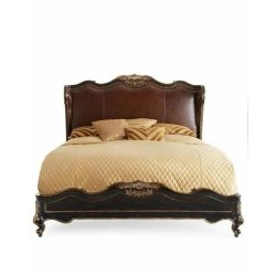 Classic Carved Wood Bed with Leather Headboard