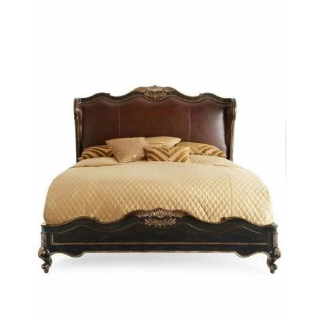 Classic Carved Wood Bed with Leather Headboard