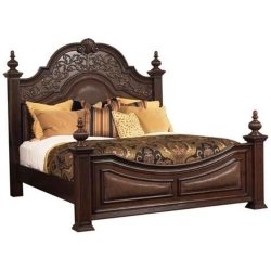 Luxury Ornate Carved Wood Bed with Upholstered Panels