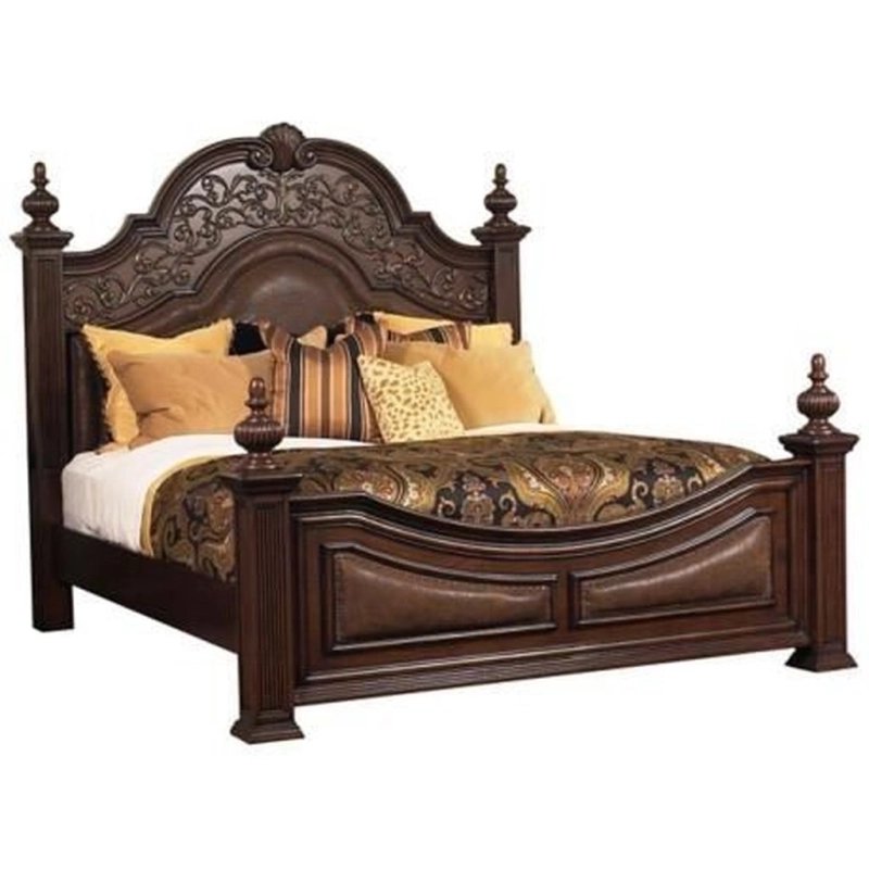 Luxury Ornate Carved Wood Bed with Upholstered Panels Luxury Ornate Carved Wood Bed with Upholstered Panels