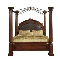 Classic Four Poster Canopy Bed with Carved Wood and Metal Accents